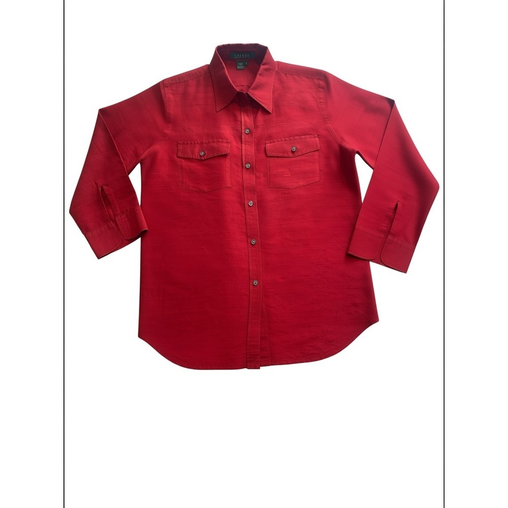 Lauren‎ Ralph Lauren Silk Button Up 3/4 Slit Sleeve Top Women Sz 6 Red #50Q